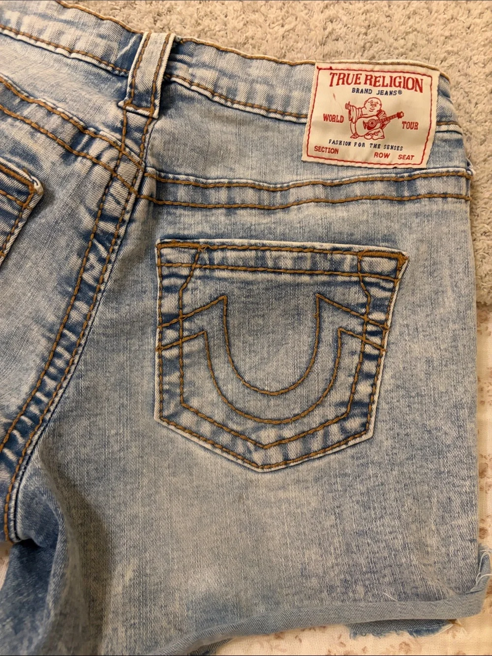 True Religion Light Blue Distressed Denim Shorts